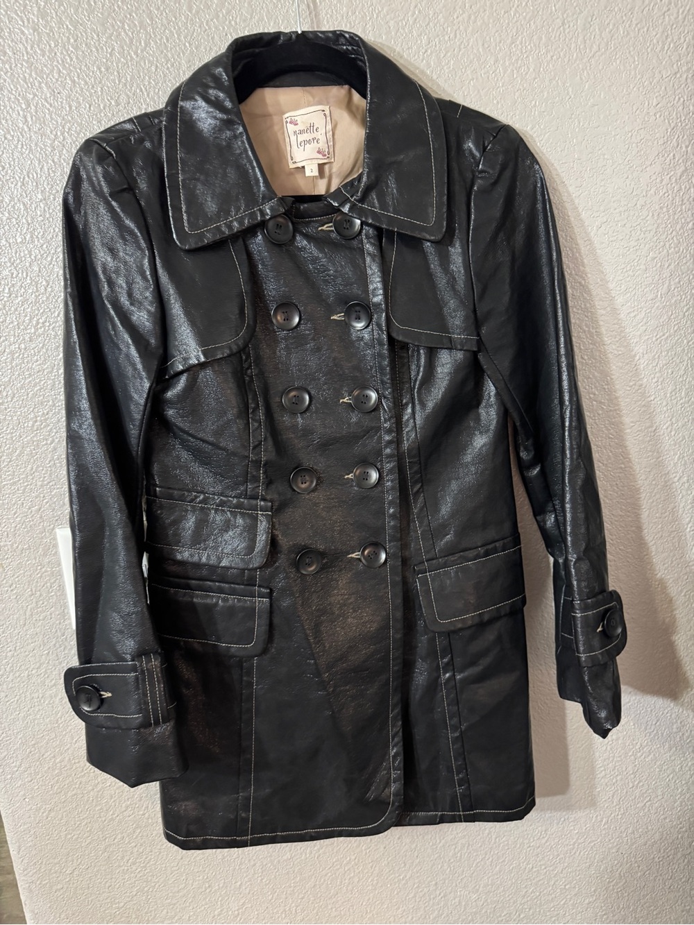 Vintage Y2K Nanette Lepore Black Coated Trench Coat Double Breasted Sz 2